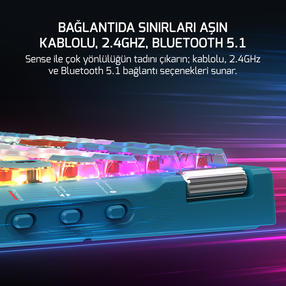 GamePower Sense RGB Wireless/Bluetooth/Kablolu Mekanik Red Switch Gaming Klavye